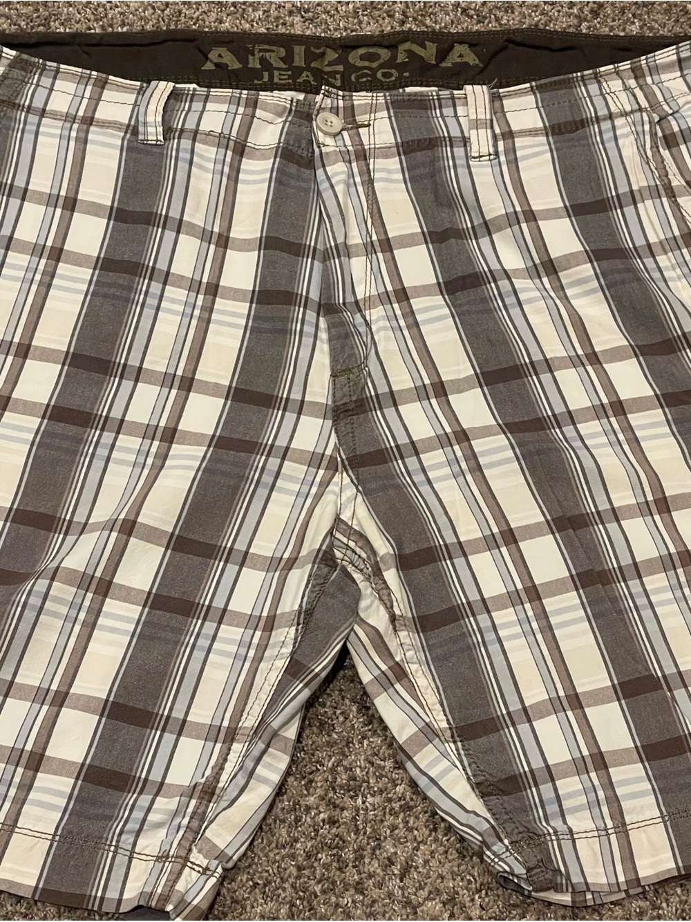 Arizona Jean Company Brown, Cream & Blue Plaid Flat Front Cargo Shorts